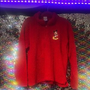 Red Fleece Pullover with Mickey Mouse Embroidery